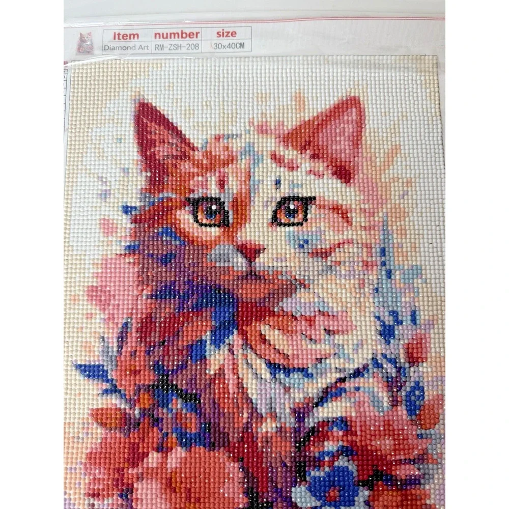 Completed Diamond Art Floral Cat Portrait Watercolor Kitten Wall Décor 12